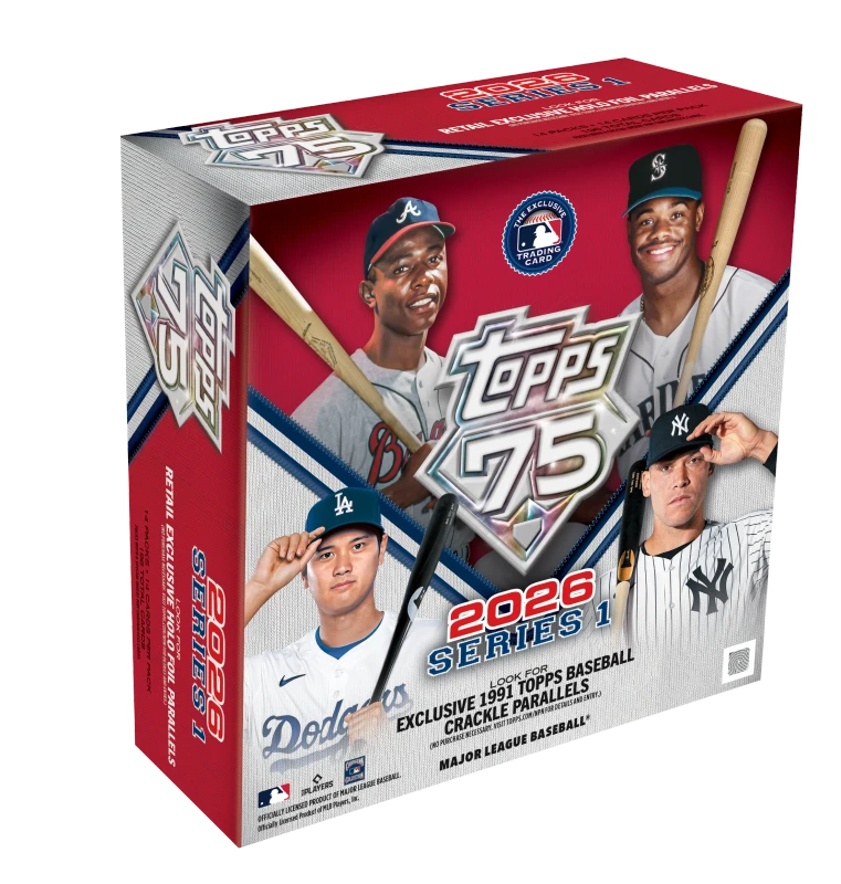 A 2026 Topps Series 1 Baseball mega box featuring images of professional baseball players.