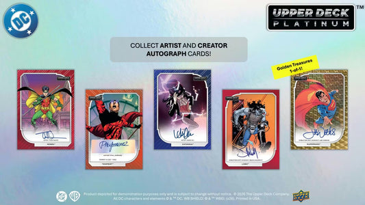 Five Upper Deck DC Platinum trading cards featuring character art and artist autographs.