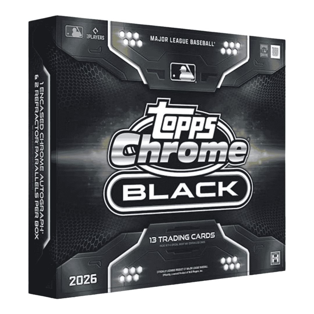 A 2026 Topps Chrome Black baseball hobby box featuring a sleek black design.