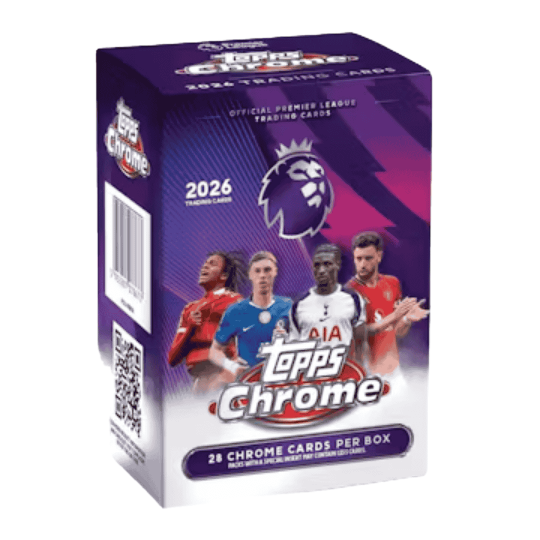 A 2026 Topps Chrome Premier League soccer blaster box featuring four players on the front.