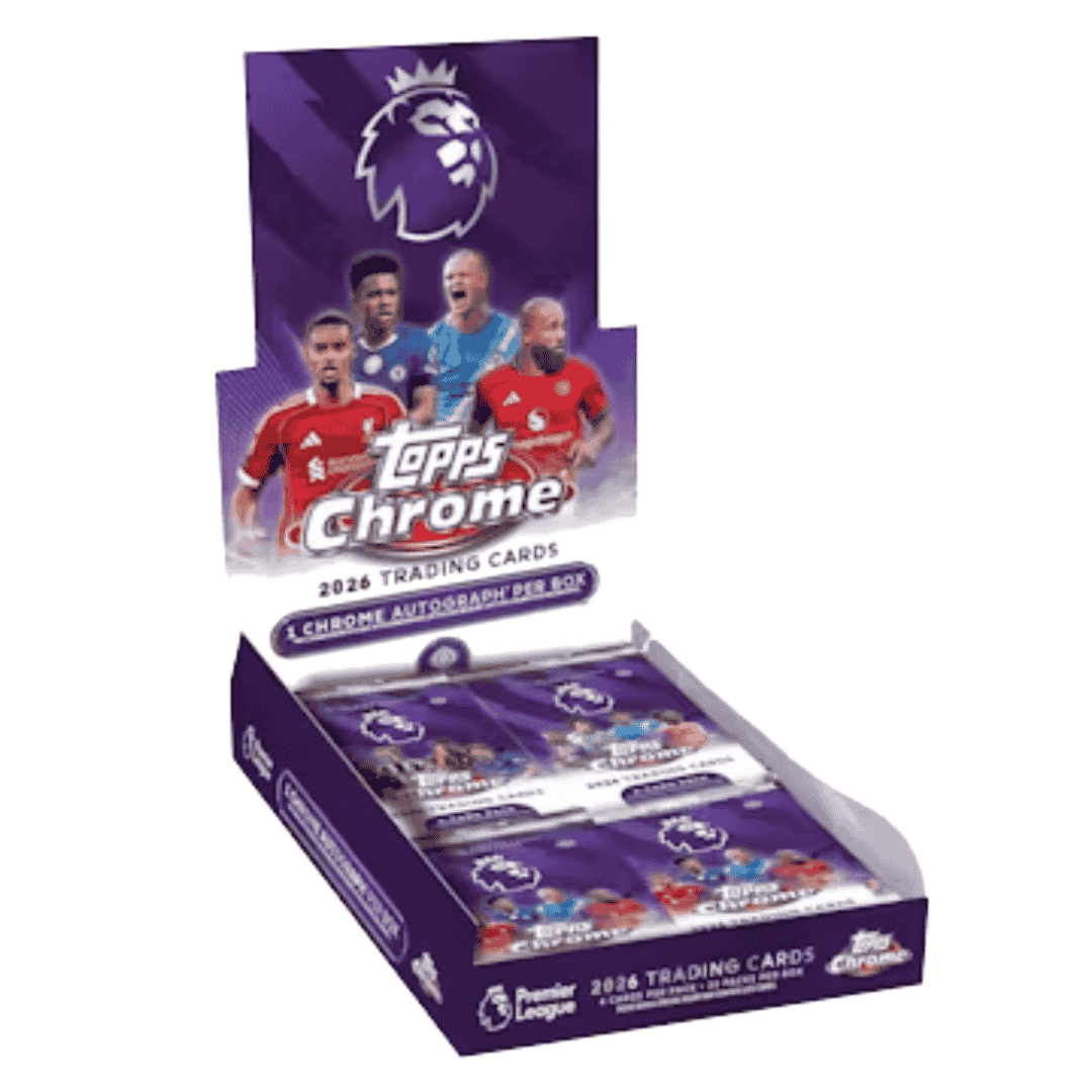 A 2026 Topps Chrome Premier League soccer hobby box containing multiple packs of trading cards.