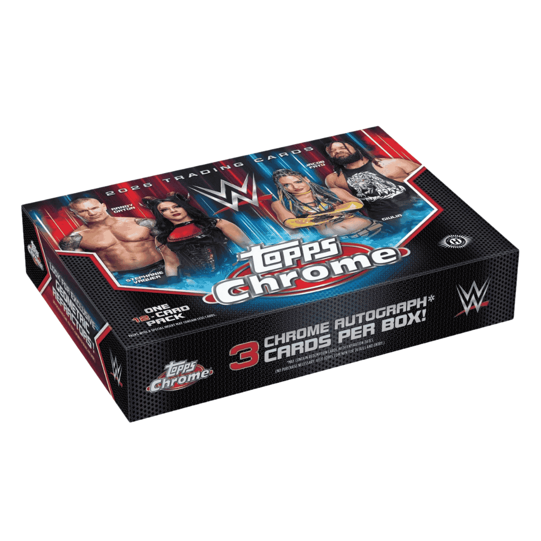 A 2026 Topps Chrome WWE Delight trading card box featuring images of professional wrestlers.