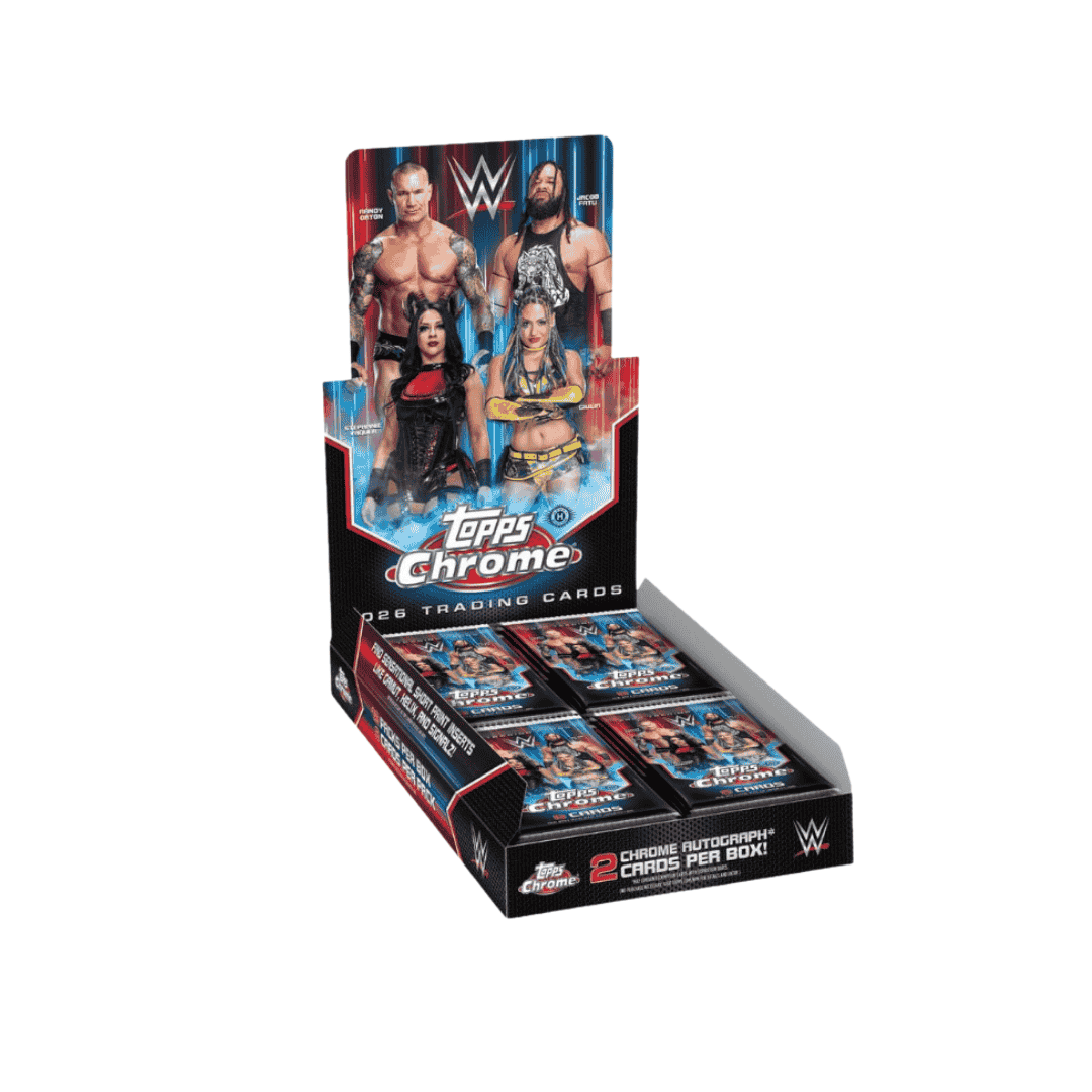 A 2026 Topps Chrome WWE hobby box containing multiple packs of trading cards.