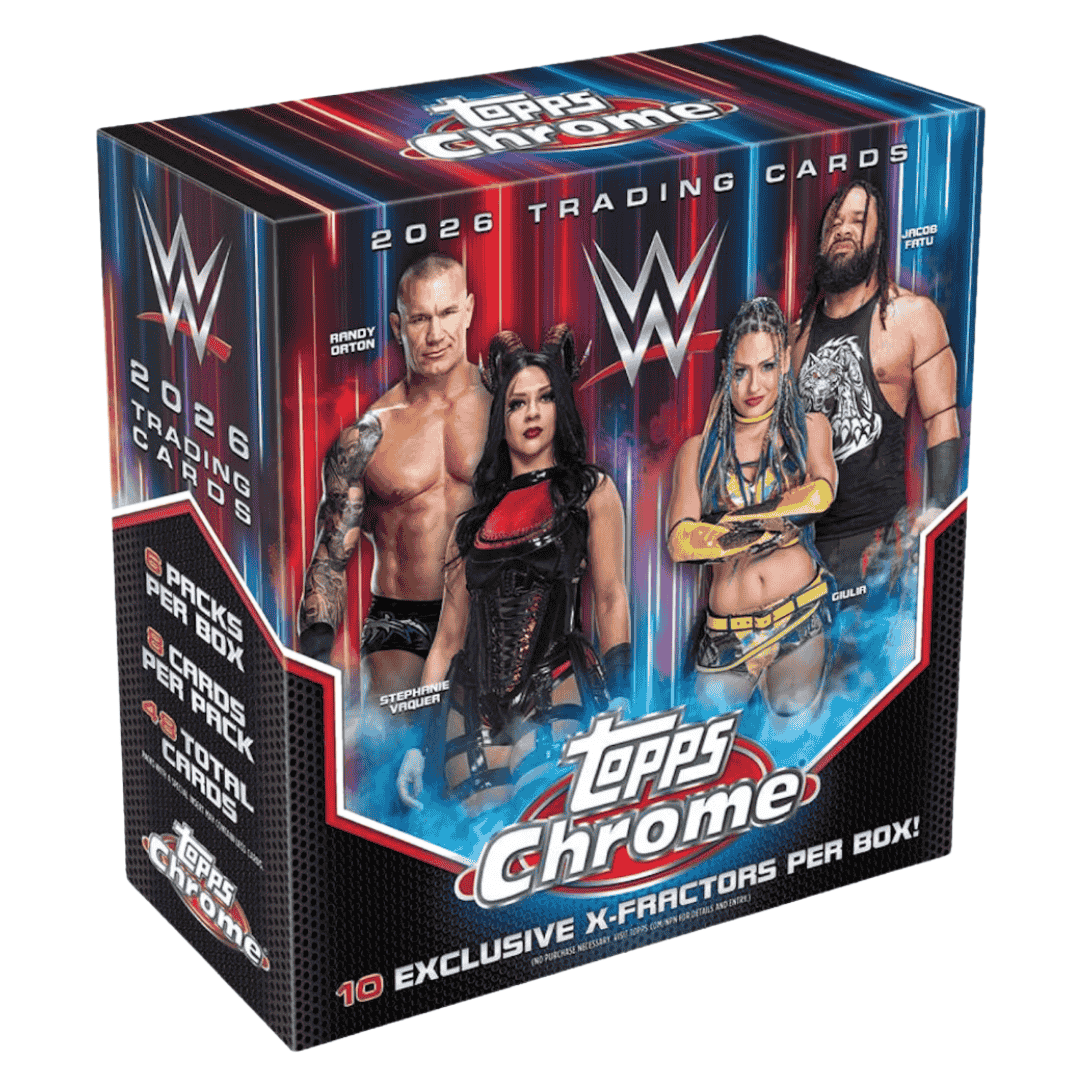 A 2026 Topps Chrome WWE Mega Box featuring Randy Orton, Stephanie Vaquer, Giulia, and Jacob Fatu.