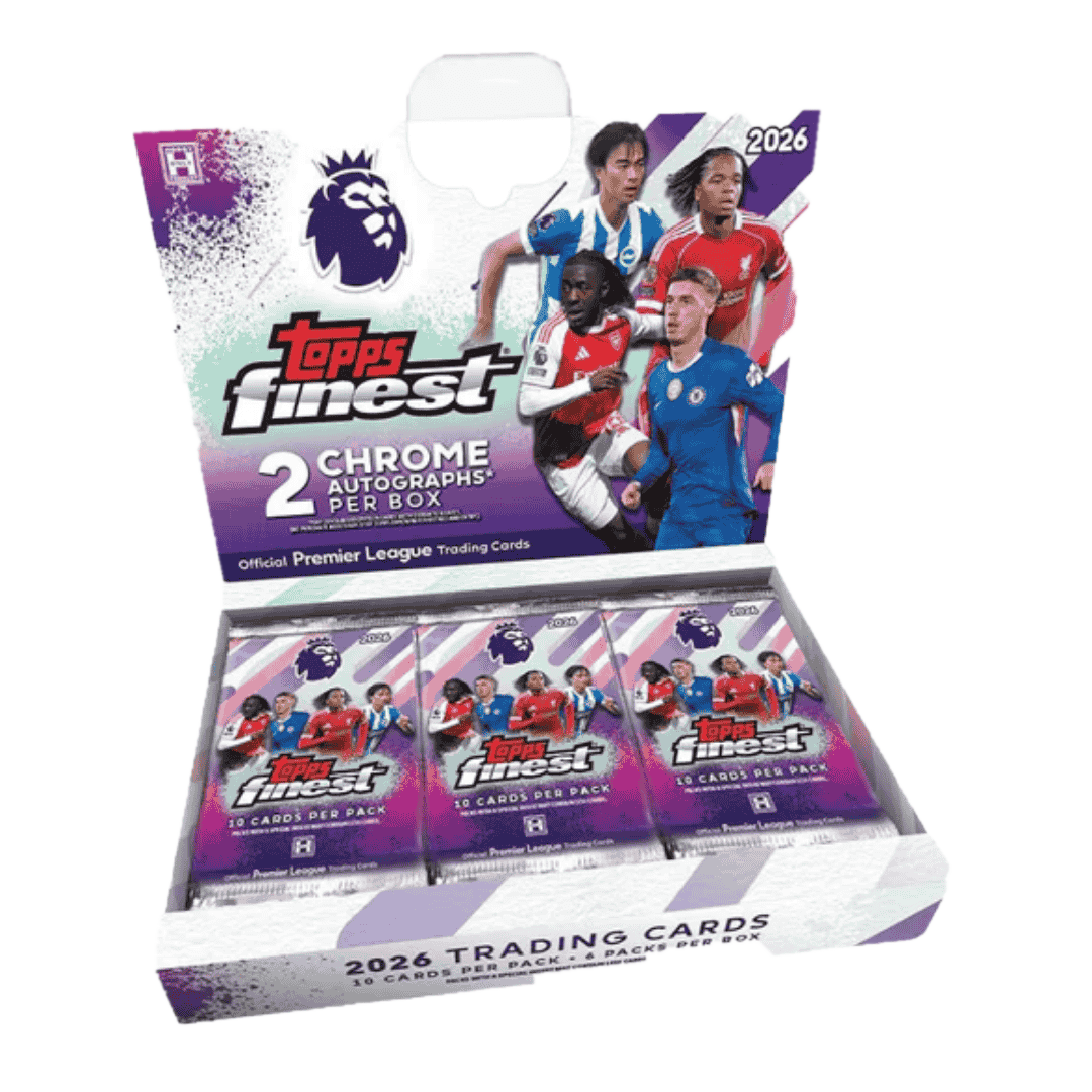 A 2026 Topps Finest Premier League soccer hobby box containing six packs of trading cards.