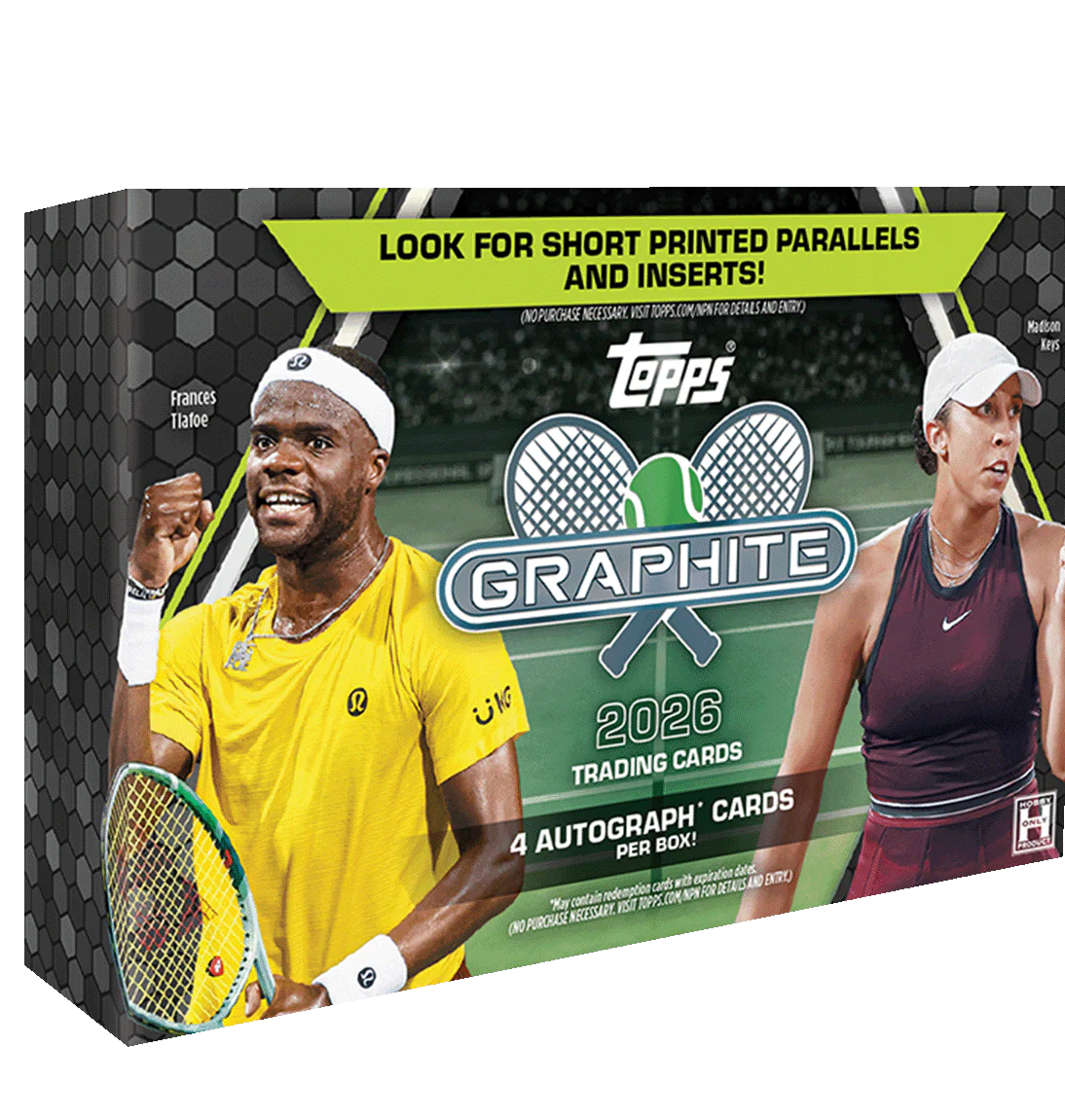 A box of 2026 Topps Graphite tennis trading cards featuring Frances Tiafoe and Madison Keys.