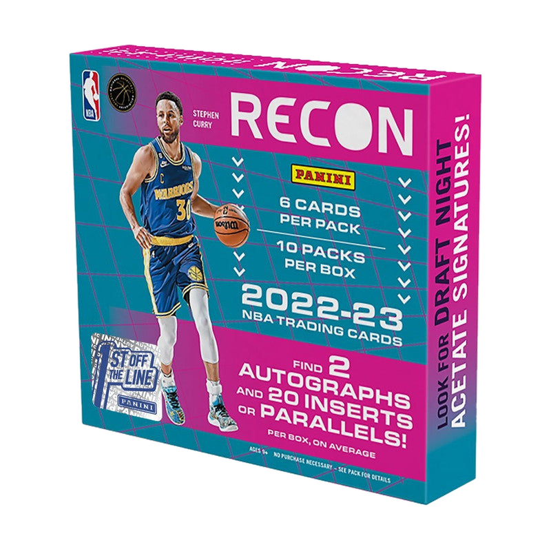 A 2022-23 Panini Recon basketball hobby box featuring Stephen Curry on the packaging.