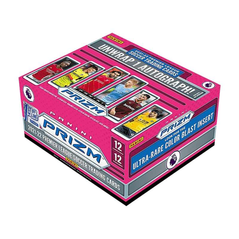 A 2021-22 Panini Prizm Premier League soccer hobby box featuring player imagery on the packaging.