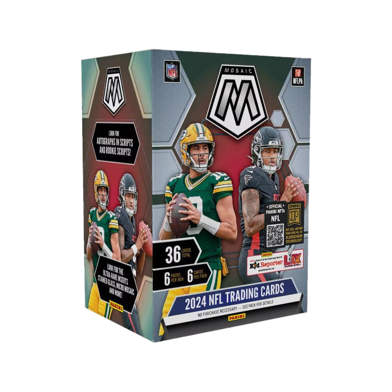 A 2024 Panini Mosaic NFL football trading card blaster box featuring Jordan Love and Bijan Robinson.