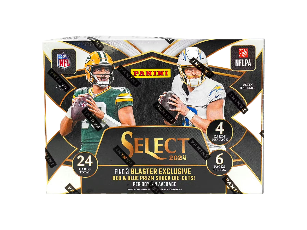 A 2024 Panini Select Football blaster box featuring Jordan Love and Justin Herbert on the cover.