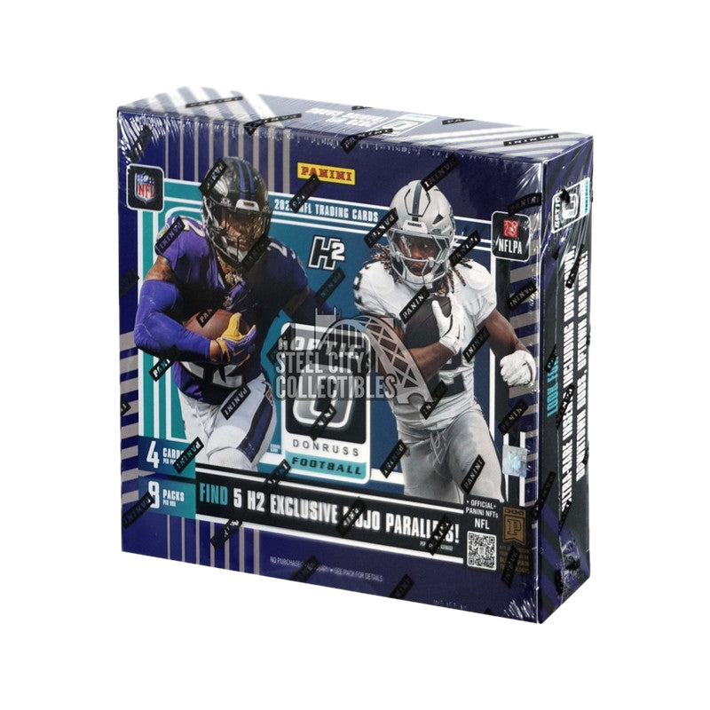 A 2025 Panini Donruss Optic Football H2 hobby box featuring two players on the front.