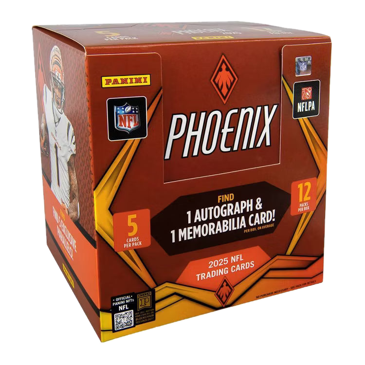 A 2025 Panini Phoenix NFL football hobby box featuring a metallic orange and black design.