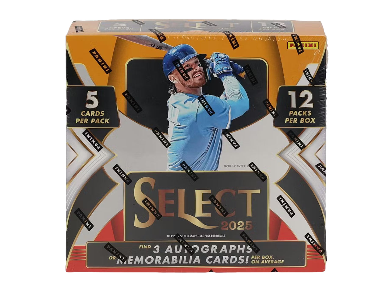 A 2025 Panini Select baseball hobby box featuring Bobby Witt Jr. on the front.