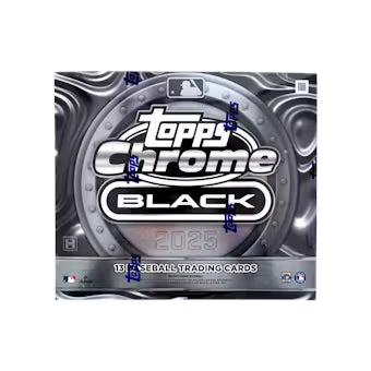 A 2025 Topps Chrome Black baseball hobby box featuring a metallic, circular design.
