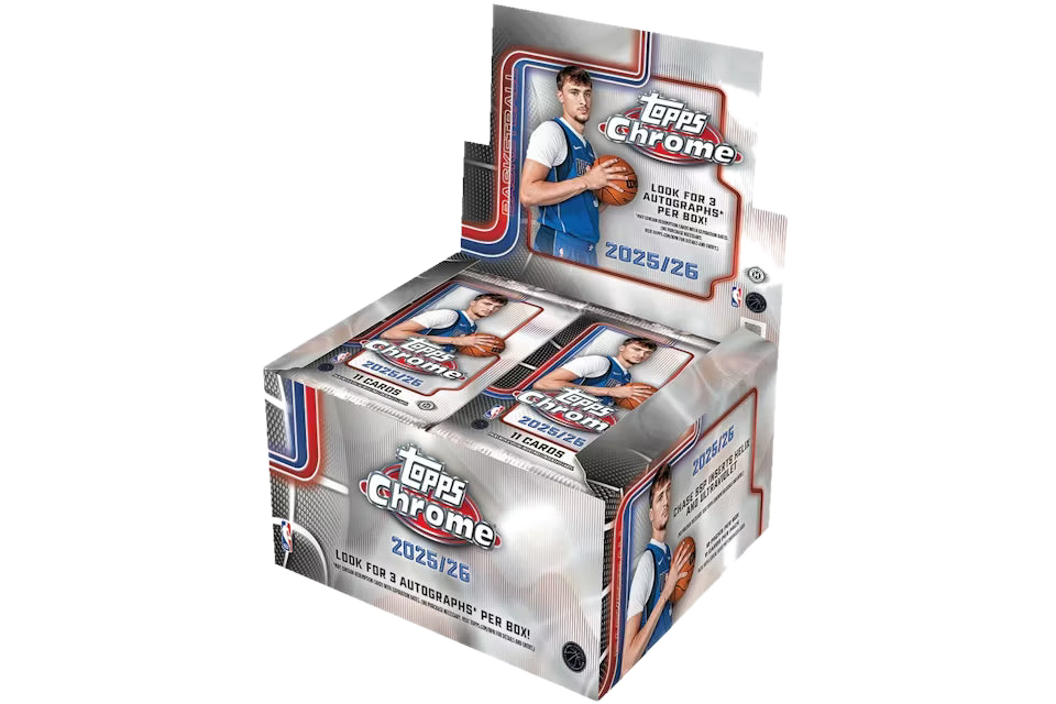 A 2025-26 Topps Chrome Basketball jumbo hobby box featuring Luka Doncic on the packaging.