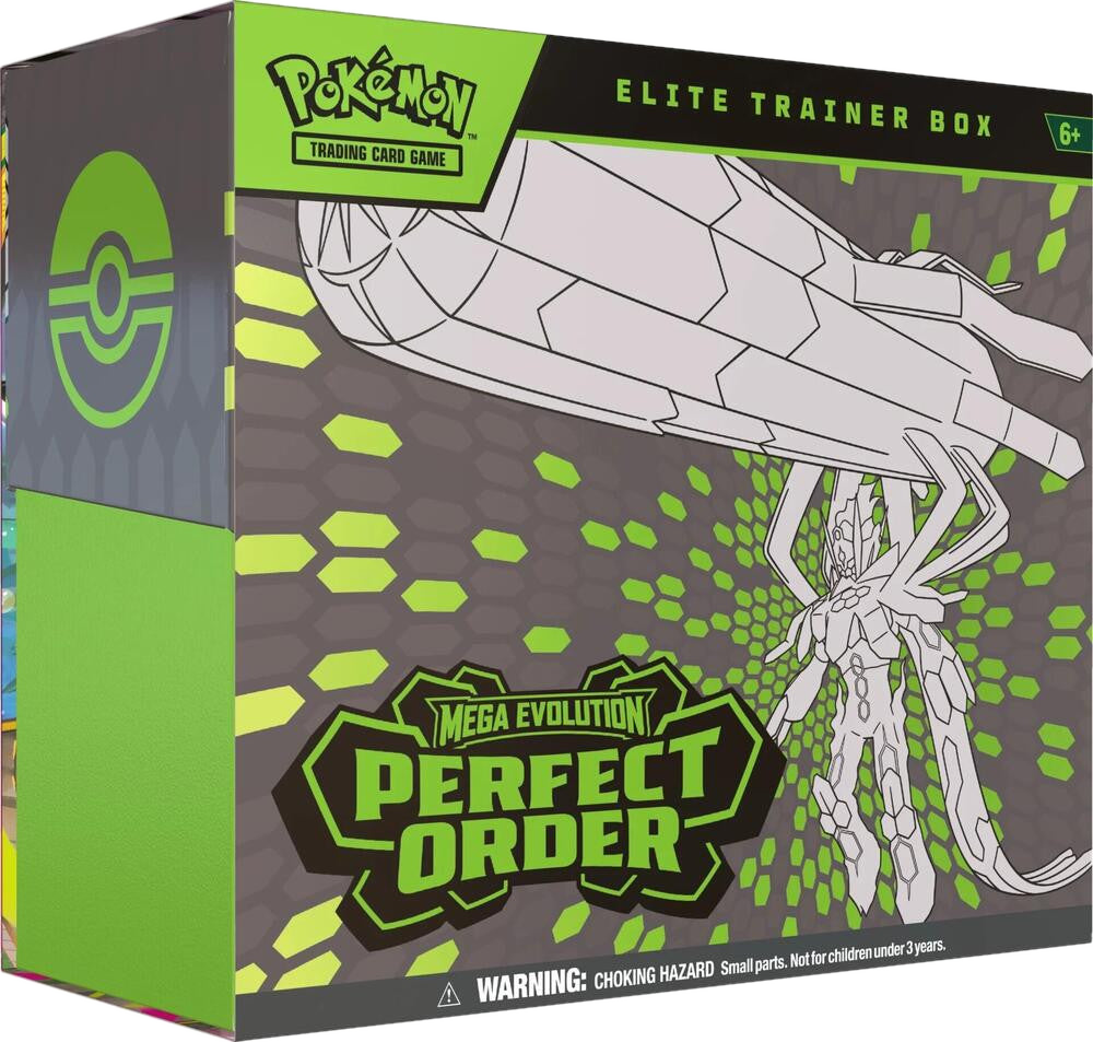 A Pokemon Perfect Order Elite Trainer Box featuring a stylized illustration of a robotic creature.