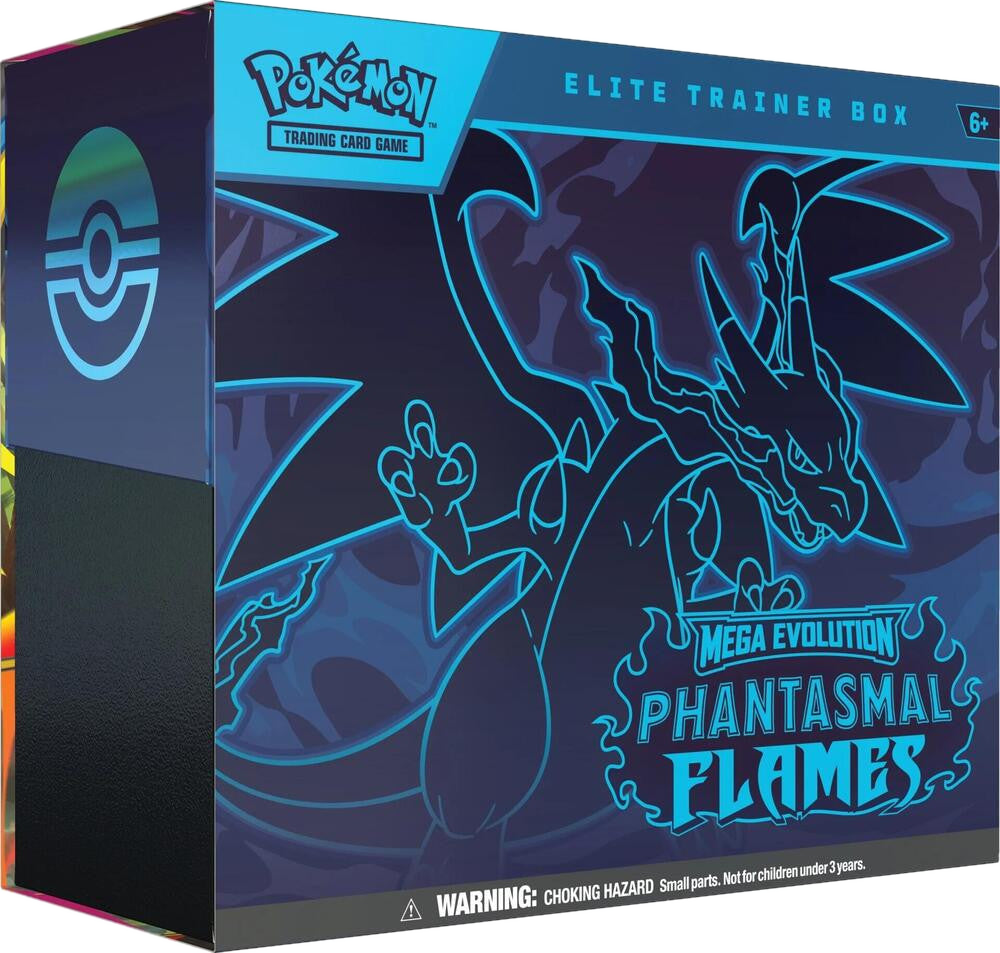 A Pokemon Phantasmal Flames Elite Trainer Box featuring a blue Mega Charizard illustration.