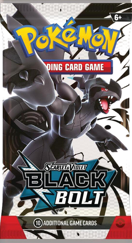 A Pokemon Black Bolt booster pack featuring Zekrom on the packaging.
