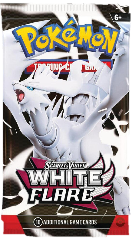 A Pokemon White Flare booster pack featuring Reshiram on the packaging.