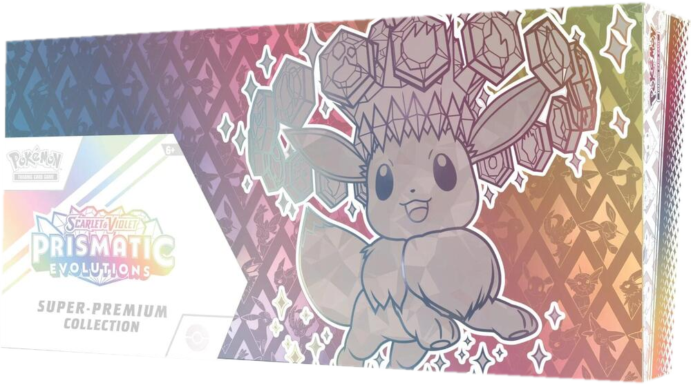 A Pokemon Prismatic Evolutions Super Premium Collection box featuring Eevee with crystal accents.