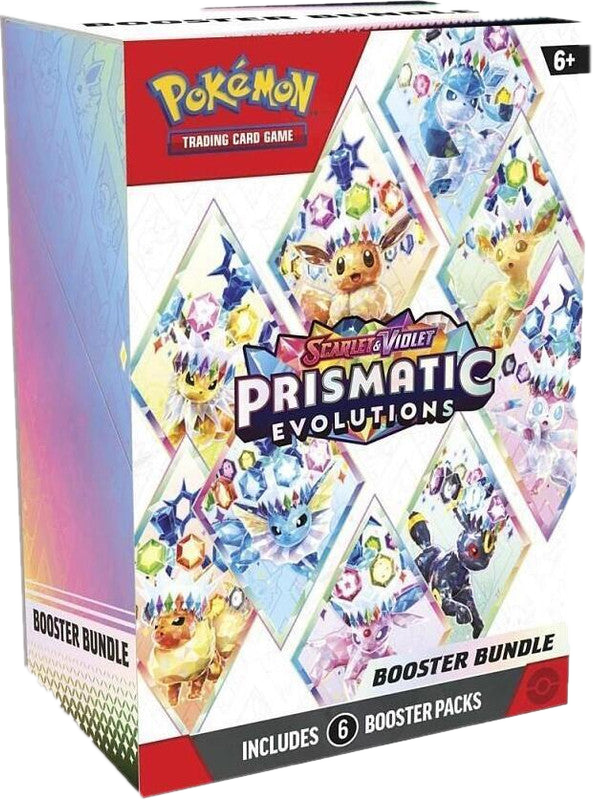A Pokemon Prismatic Evolutions booster bundle box featuring Eevee and its evolutions.