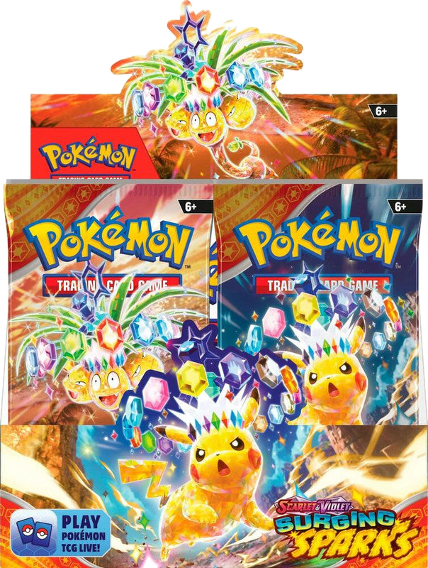 A Pokemon Surging Sparks booster box featuring artwork of Terastal Pikachu and Exeggutor.