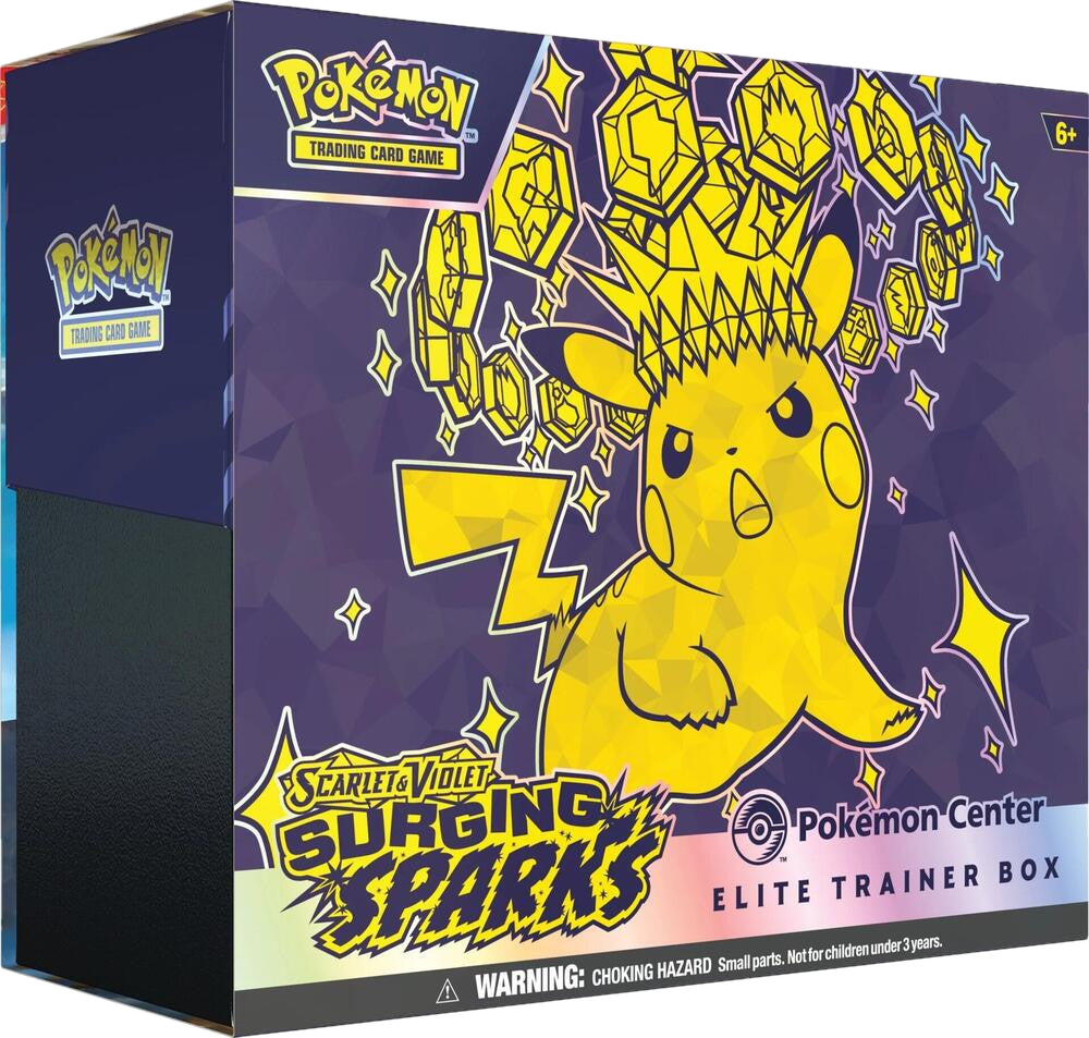 A Pokemon Center Elite Trainer Box for the Scarlet and Violet Surging Sparks expansion.