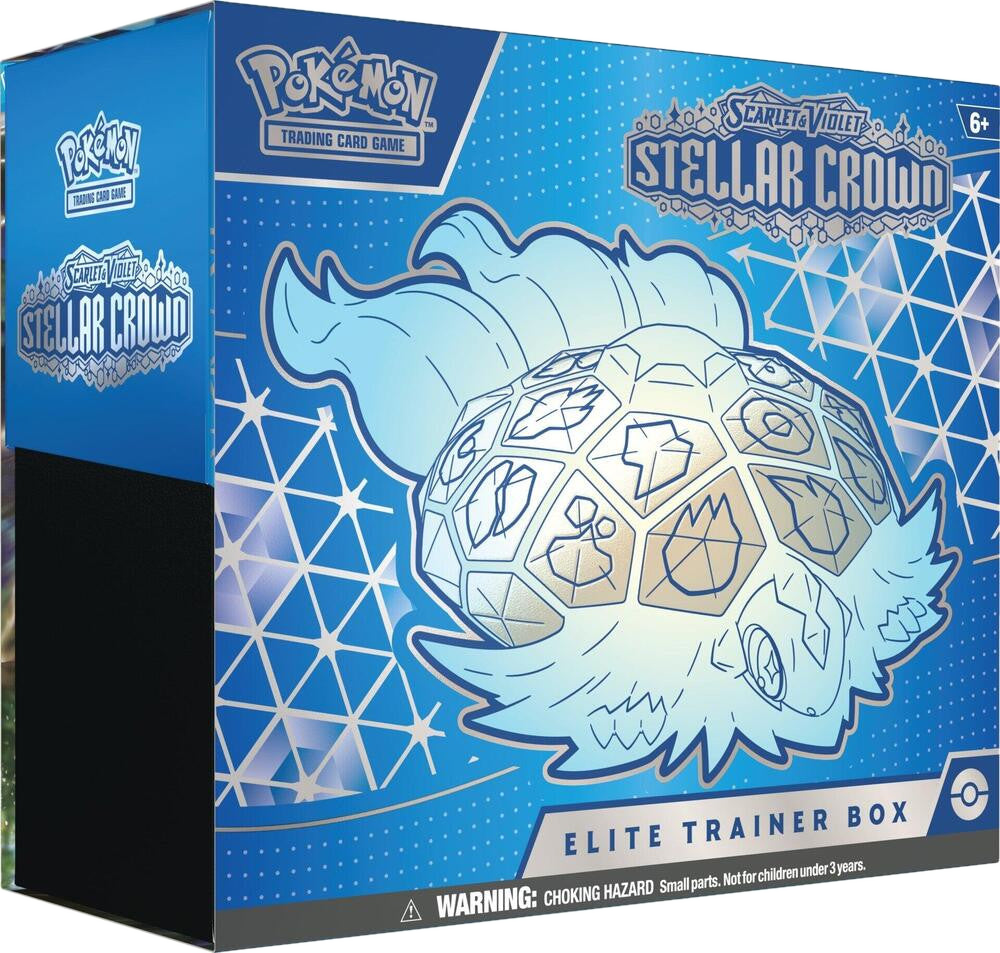 A blue Pokemon Stellar Crown Elite Trainer Box featuring Terapagos on the front.