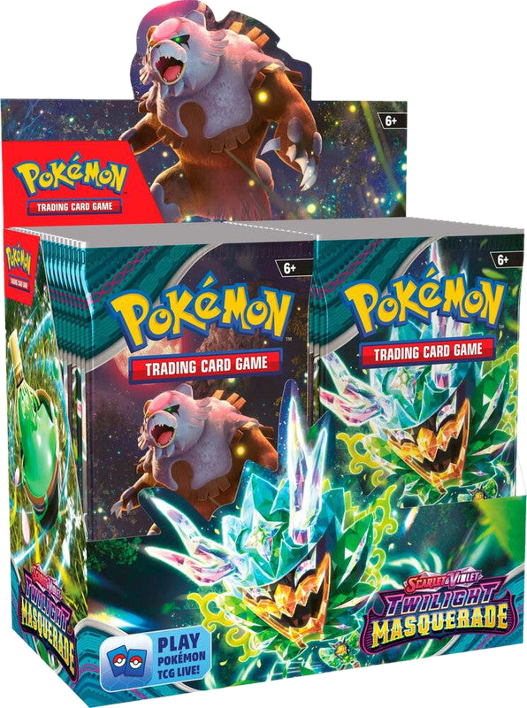 A Pokemon Twilight Masquerade booster box featuring Ogerpon artwork on the packaging.