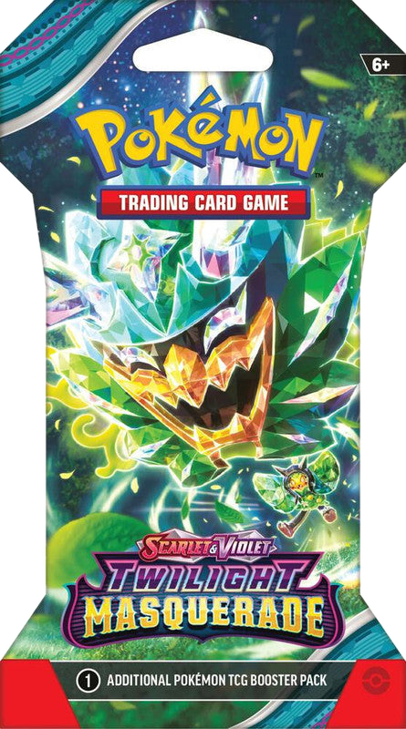 A Pokemon Twilight Masquerade sleeved booster pack featuring Ogerpon artwork.