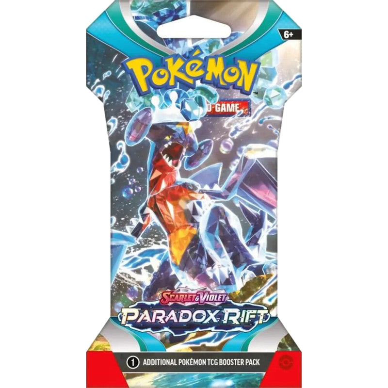 A Pokemon Paradox Rift sleeved booster pack featuring Garchomp on the packaging.