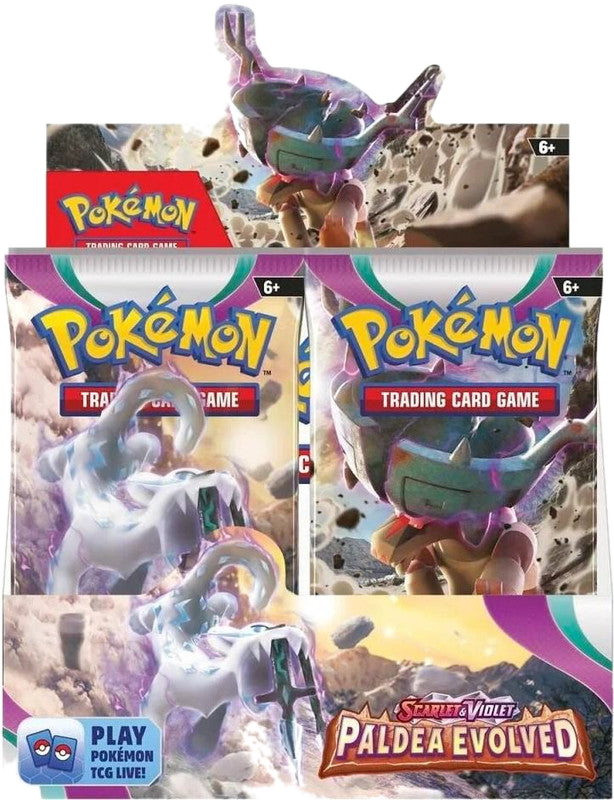 A Pokemon Paldea Evolved booster box featuring artwork of Chien-Pao and Ting-Lu.