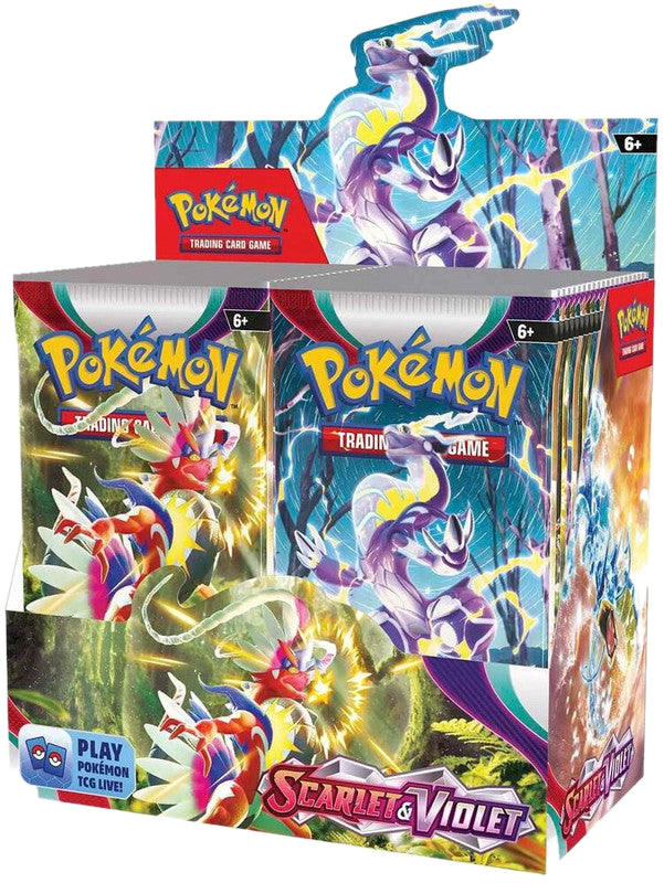 A sealed Pokemon Scarlet and Violet booster box featuring Koraidon and Miraidon artwork.