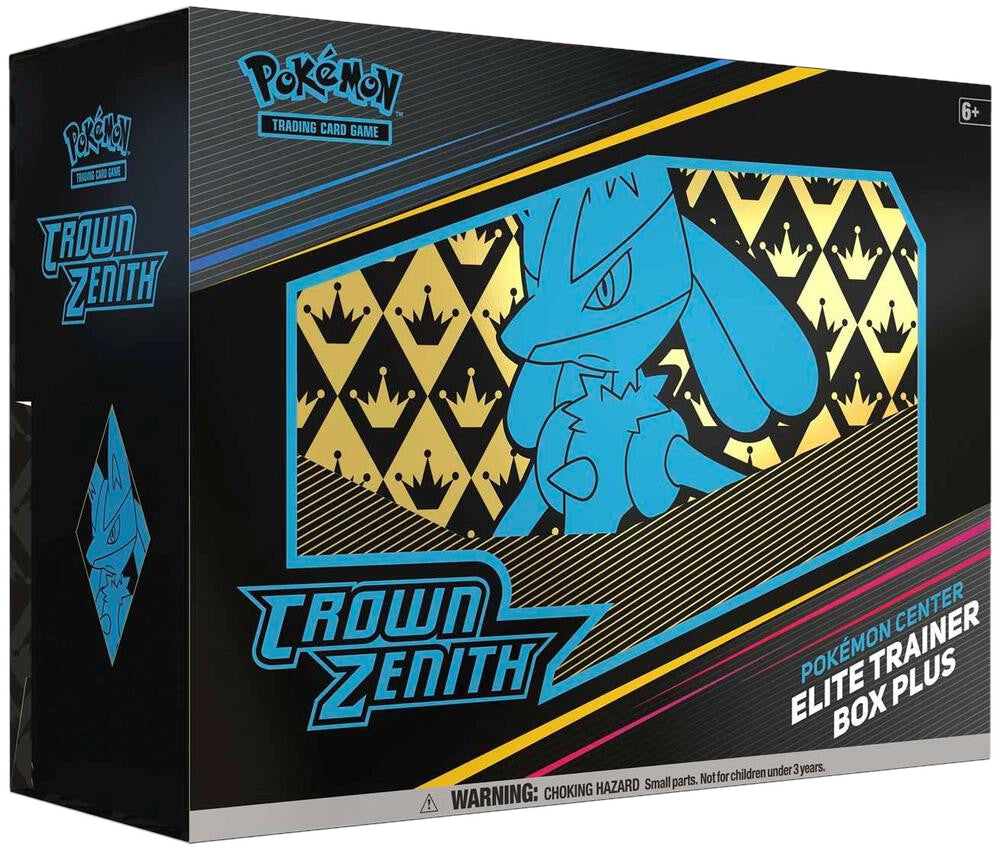 A Pokemon Crown Zenith Elite Trainer Box featuring Lucario artwork on a black and gold background.
