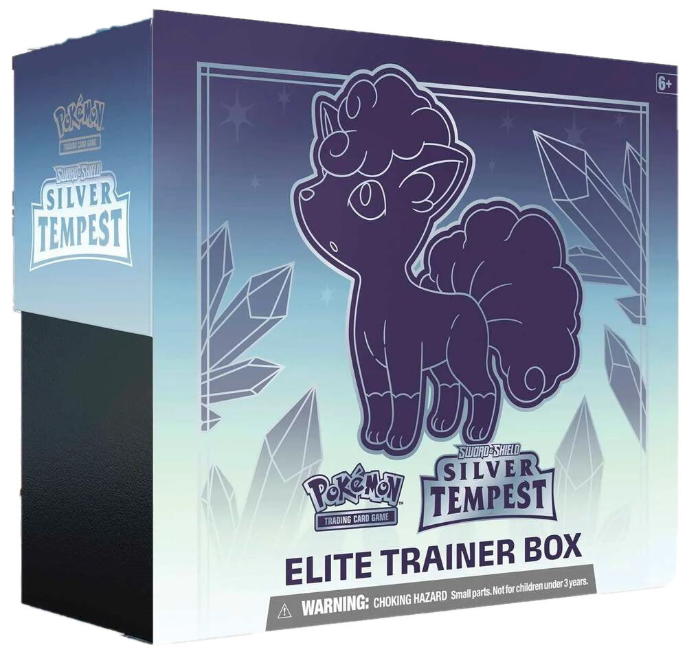A Pokemon Silver Tempest Elite Trainer Box featuring an illustration of Alolan Vulpix.