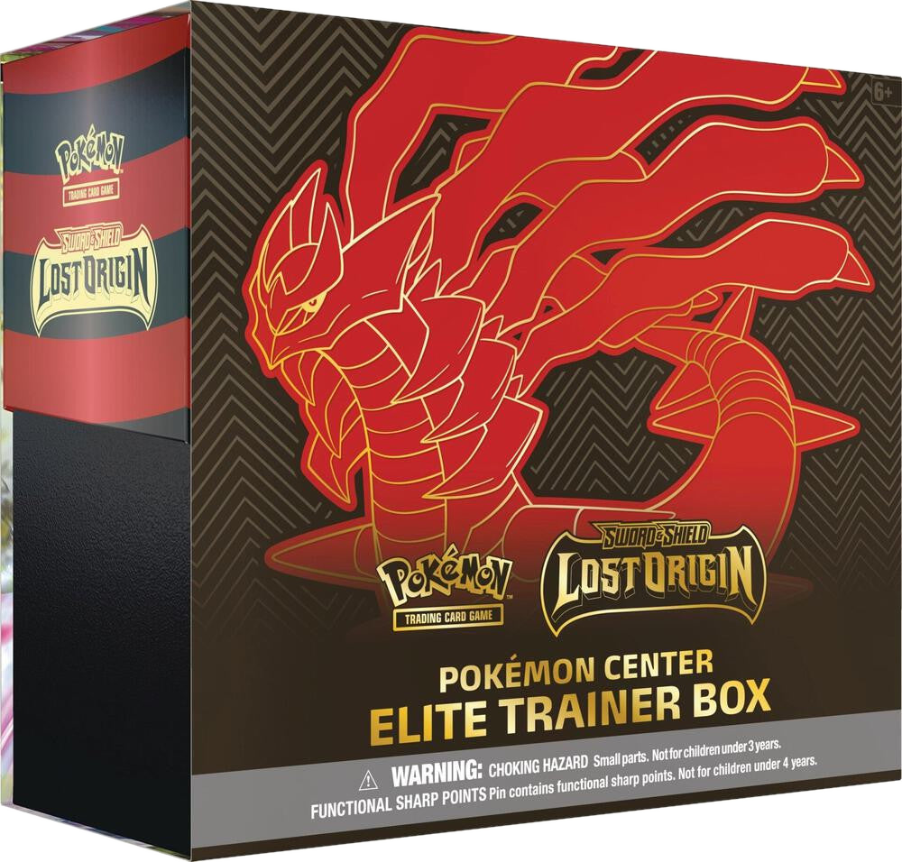 A Pokemon Lost Origin Elite Trainer Box featuring Giratina artwork on a black and red background.
