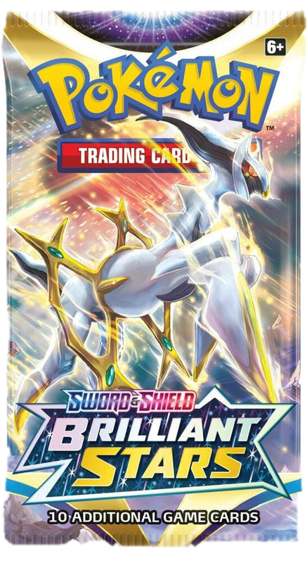 A Pokemon Brilliant Stars booster pack featuring Arceus on the front packaging.