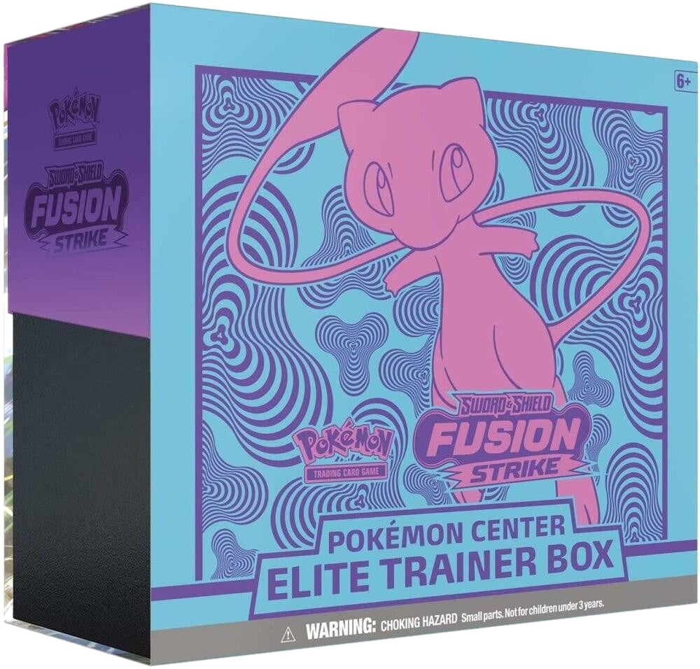 A Pokemon Fusion Strike Elite Trainer Box featuring Mew on a blue and purple patterned background.
