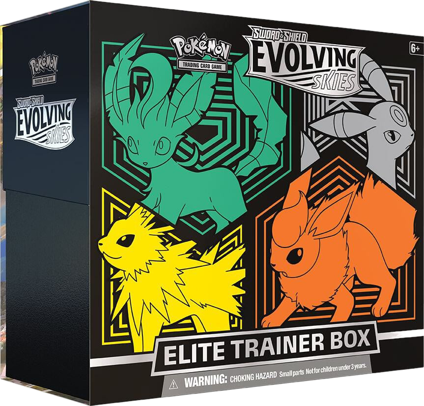 A Pokemon Evolving Skies Elite Trainer Box featuring Leafeon, Umbreon, Jolteon, and Flareon.