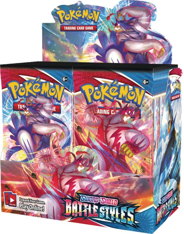 A sealed Pokemon Sword and Shield Battle Styles booster box featuring Urshifu artwork.