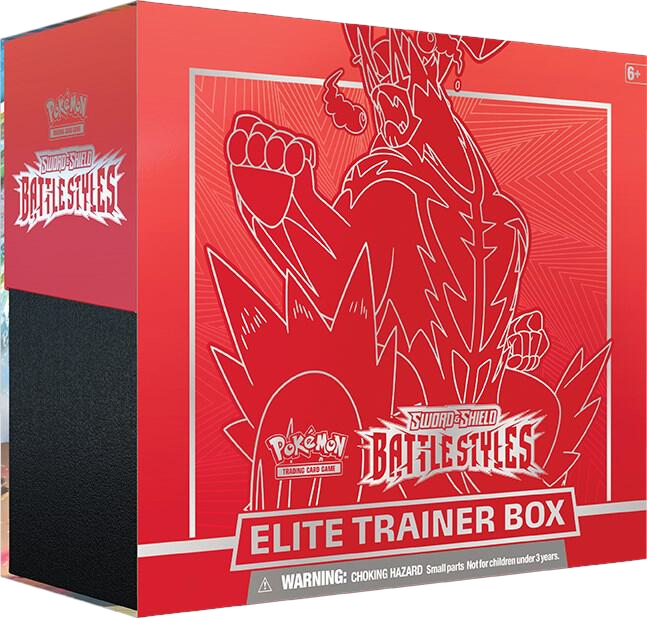 A red Pokemon Battle Styles Elite Trainer Box featuring Gigantamax Urshifu artwork.
