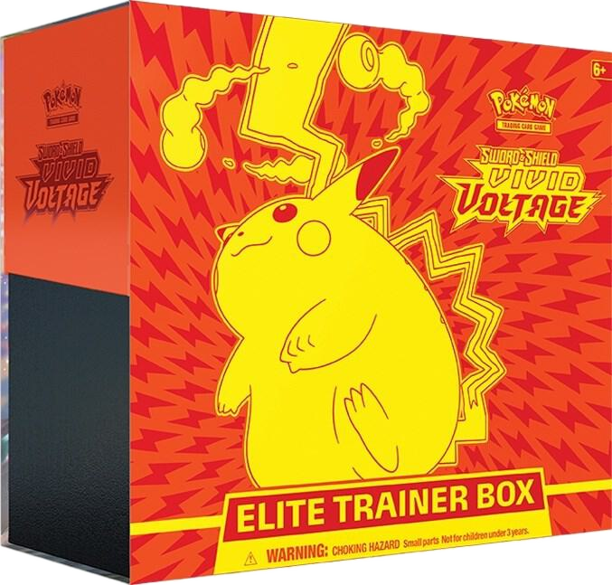 A Pokemon Vivid Voltage Elite Trainer Box featuring a large yellow Pikachu illustration.