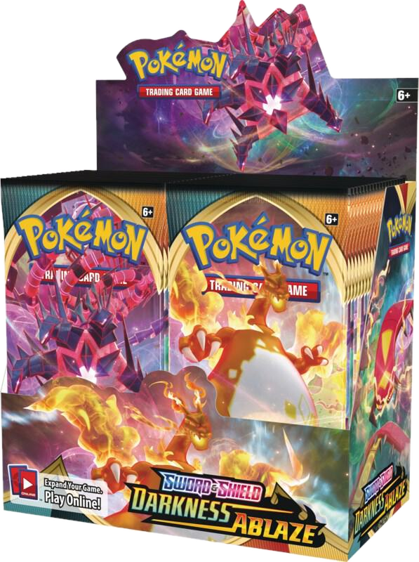 A sealed Pokemon Sword and Shield Darkness Ablaze booster box featuring Charizard and Eternatus.