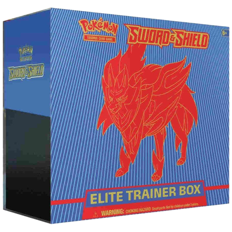 A blue Pokemon Sword and Shield Elite Trainer Box featuring a red Zamazenta illustration.