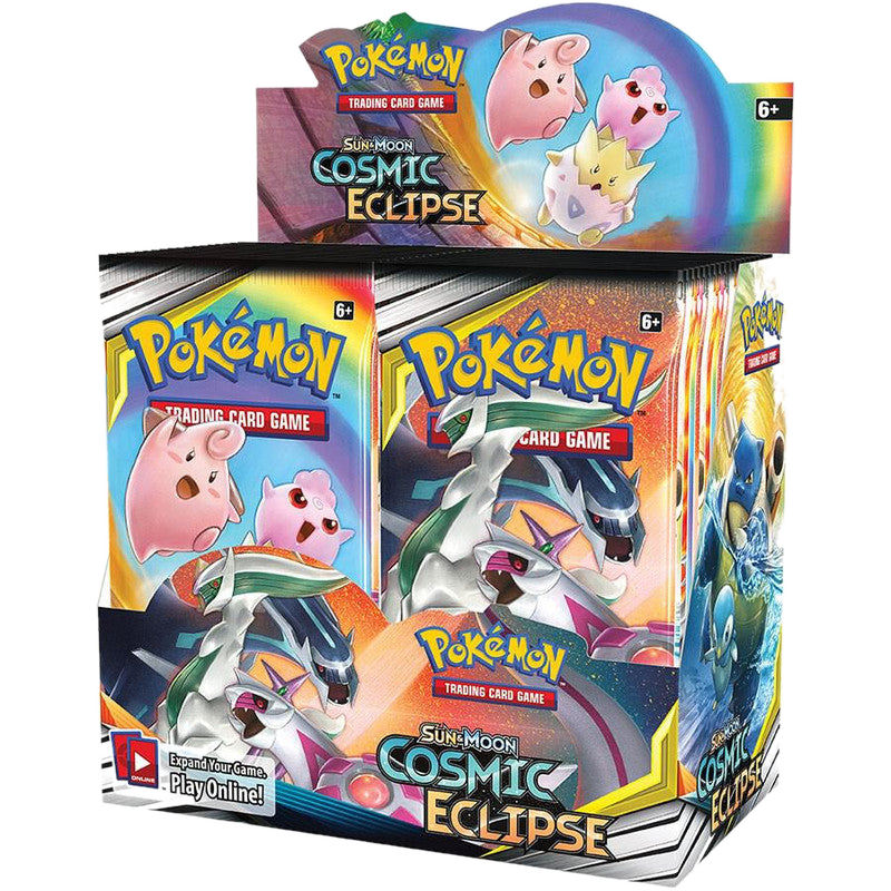 A sealed Pokemon Cosmic Eclipse booster box featuring artwork of various Pokemon characters.