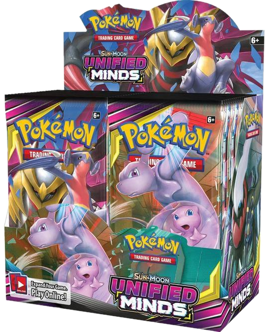 A sealed Pokemon Sun and Moon Unified Minds booster box featuring Mew and Mewtwo artwork.