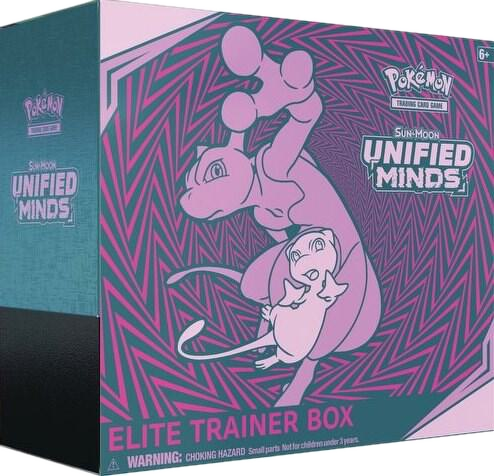 A Pokemon Sun and Moon Unified Minds Elite Trainer Box featuring Mewtwo and Mew artwork.