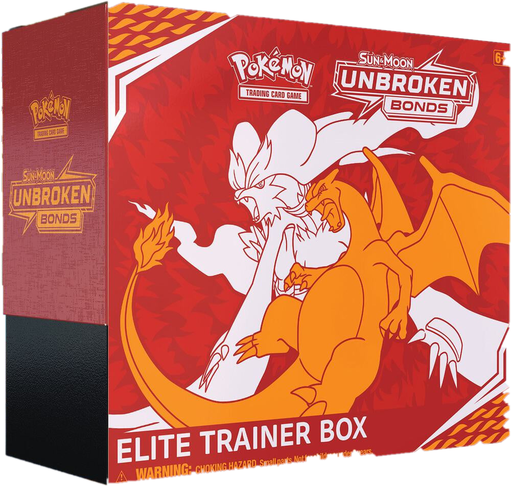 A Pokemon Unbroken Bonds Elite Trainer Box featuring Reshiram and Charizard artwork.