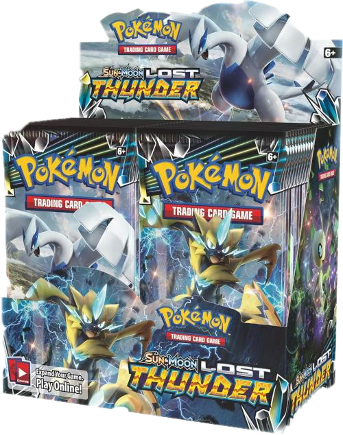 A Pokemon Lost Thunder booster box featuring Lugia and Zeraora artwork on the packaging.