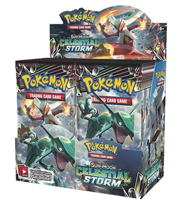 A sealed Pokemon Celestial Storm booster box featuring Rayquaza and Blaziken artwork.